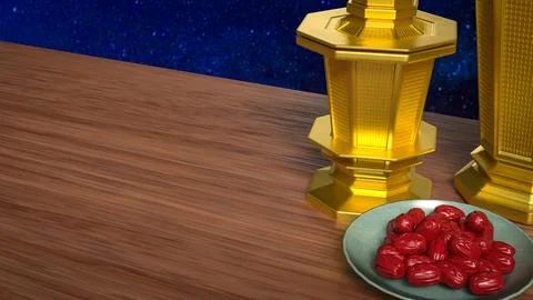 Golden Ramadan Lanterns with Dates under Starry Night Sky 3d render. Stock Illustration