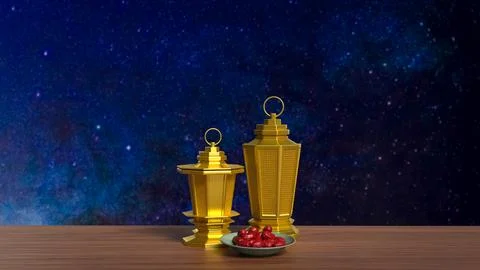 Golden Ramadan Lanterns with Dates under Starry Night Sky 3d render. イラスト素材