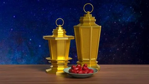 Golden Ramadan Lanterns with Dates under Starry Night Sky 3d render. イラスト素材