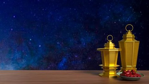 Golden Ramadan Lanterns with Dates under Starry Night Sky 3d render. Stock Illustration