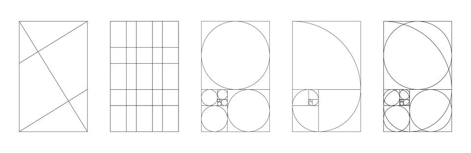Golden ratio frames. Fibonacci array, numbers. Method golden section template. Stock Illustration