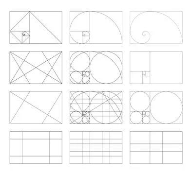 Golden ratio frames, rectangles. Method golden section templates. Stock Illustration
