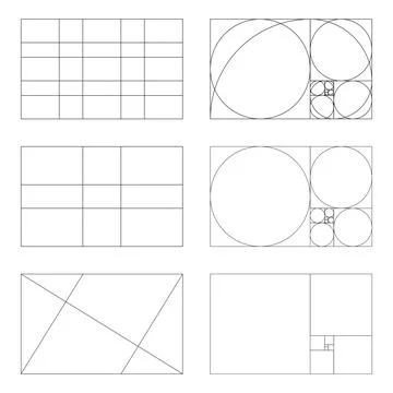 Golden ratio layout set. Method golden section mockup. Fibonacci array Illustrazione stock