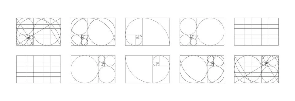 Golden ratio samples. Fibonacci array, numbers forms. Harmony proportions black Stock Illustration