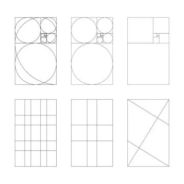 Golden ratio template set. Method golden section. Fibonacci array, numbers Stock Illustration