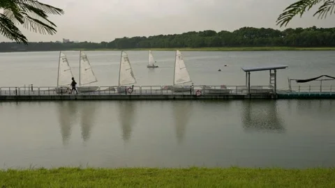 Golden rays of the sun reflect across the lake as sailboats rest on the water. 스톡 동영상 314707240