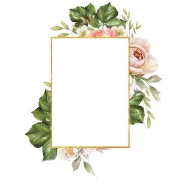Golden rectangle frame with white rose flowers and green leaves. Stock Illustration