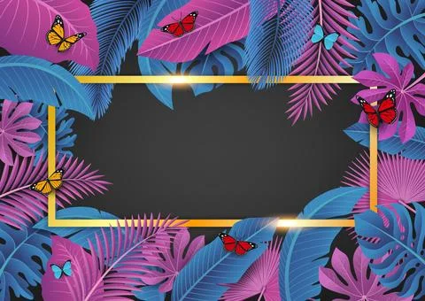 Golden Rectangle with Text Space Surrounded By Blue and Pink Tropical Leave.. Illustration
