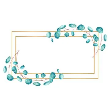 Golden rectangular frame framed by green eucalyptus leaves on a white isolate Stock Illustration