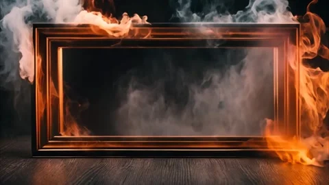 Golden rectangular horizontal frame with fire flames and smoke. Stock Footage 273953282