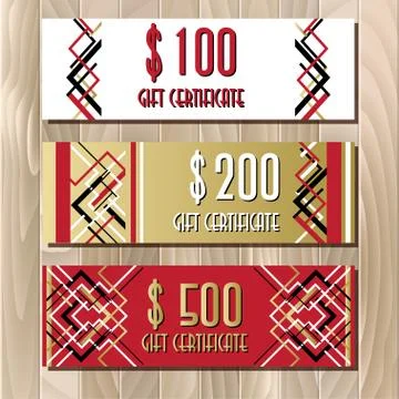 Golden red gift certificate template in art deco outline style Stock Illustration