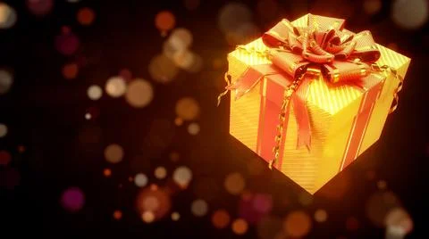 Golden - red giftbox on festive backdrop - object 3D rendering Illustrazione stock