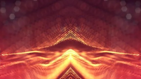 Golden red particles form line and surface grid. microcosm or space. 3d 스톡 사진