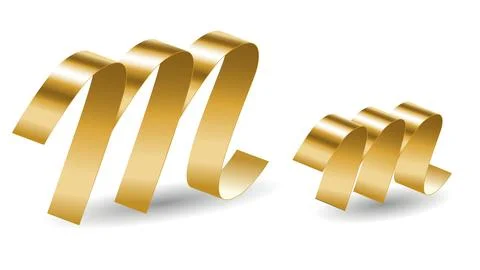 Golden Ribbon Script Lettering M Letters with Shadows. Vector Alphabet Sign.. Stock Illustration
