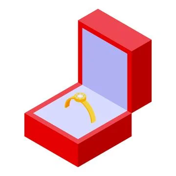 Golden ring with diamonds in open red jewelry box isometric view Stock Illustration