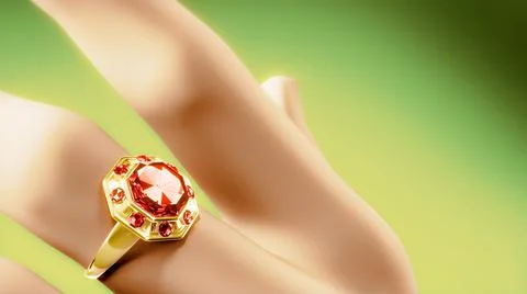 Golden ring on finger with red ruby gem stone, fictitious - object 3D rendering Stock Illustration