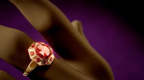 Golden ring on finger with red ruby gem stone, fictitious Stock Illustration