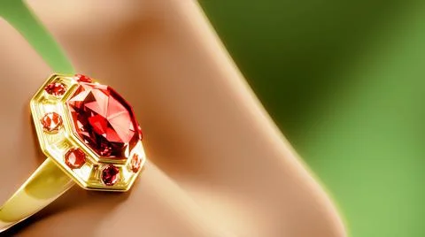 Golden ring on finger with red ruby gem stone, fictive - object 3D illustration Stock Illustration