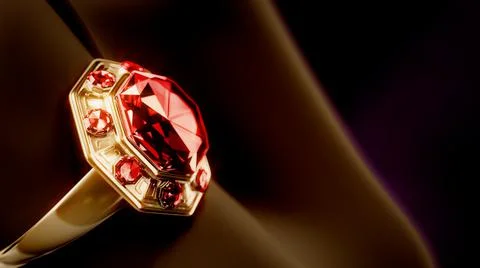Golden ring on finger with red ruby gem, fictitious - object 3D rendering 库存插图