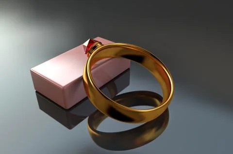 Golden ring with a red diamond on a stand close-up on a reflective surface Stock Illustration