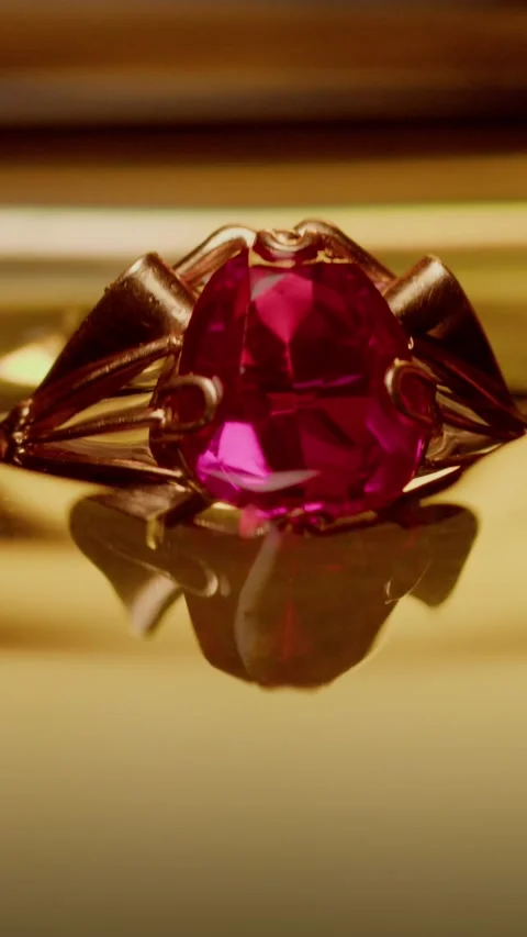 A golden ring with a red stone emerges from the golden water Vídeo Stock 237701926