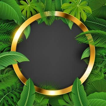 Golden Ring with Text Space Surrounded By Tropical Leaves. Suitable For Nat.. Stock-Illustration