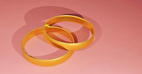 Golden ring. two wedding rings. wedding pink background. 3D illustration Illustrazione stock