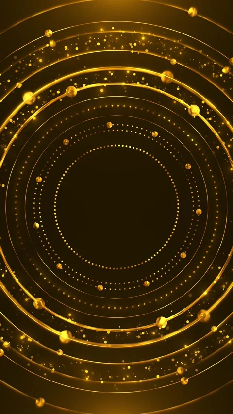 Golden rings futuristic tech orbiting dots, metallic circles, particles, deep bl Stock Footage 340456007
