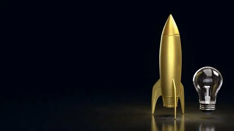 Golden Rocket and Light Bulb Symbolizing Innovation Launch 3d render. Stock Illustration