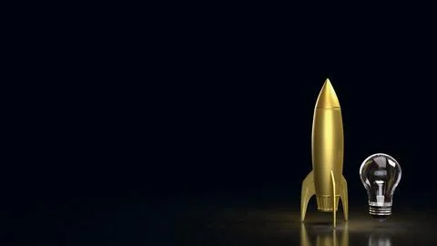 Golden Rocket and Light Bulb Symbolizing Innovation Launch 3d render. Stock Illustration