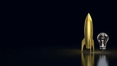 Golden Rocket and Light Bulb Symbolizing Innovation Launch 3d render. Stock Illustration