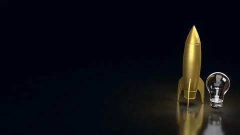 Golden Rocket and Light Bulb Symbolizing Innovation Launch 3d render. Stock Illustration