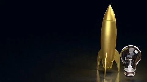 Golden Rocket and Light Bulb Symbolizing Innovation Launch 3d render. Stock Illustration
