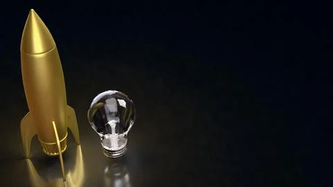 Golden Rocket and Light Bulb Symbolizing Innovation Launch 3d render. Stock Illustration
