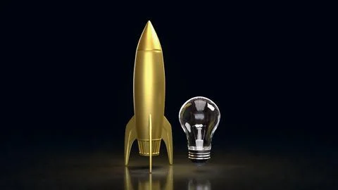 Golden Rocket and Light Bulb Symbolizing Innovation Launch 3d render. Stock Illustration
