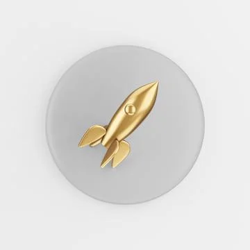 Golden rocket icon. 3d rendering gray round key button, interface ui ux eleme Stock Illustration