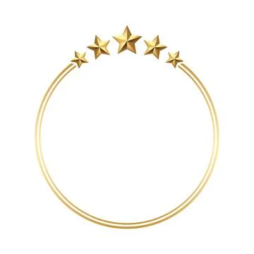 Golden round circle frame adorned with five radiant stars white background Stock Illustration