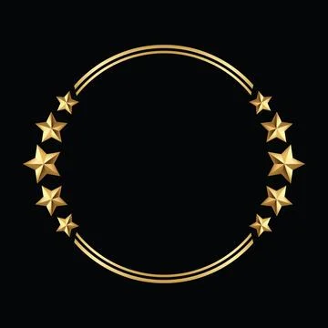 Golden round circle frame adorned with five radiant stars black background Stock Illustration