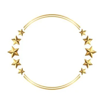 Golden round circle frame adorned with five radiant stars white background Stock Illustration