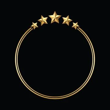 Golden round circle frame adorned with five radiant stars black background Illustrazione stock