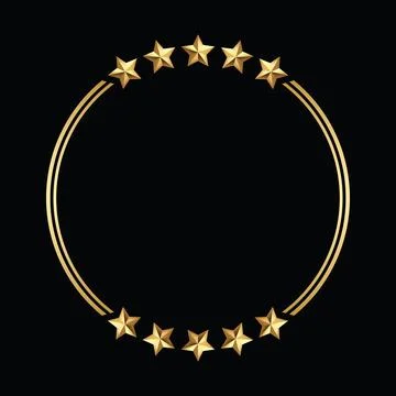 Golden round circle frame adorned with five radiant stars black background Stock Illustration