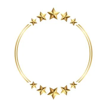 Golden round circle frame adorned with five radiant stars white background Stock Illustration