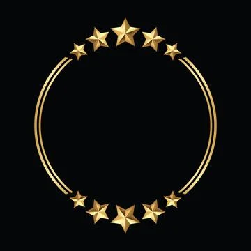 Golden round circle frame adorned with five radiant stars black background Stock Illustration