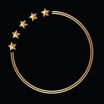 Golden round circle frame adorned with five radiant stars black background Stock Illustration