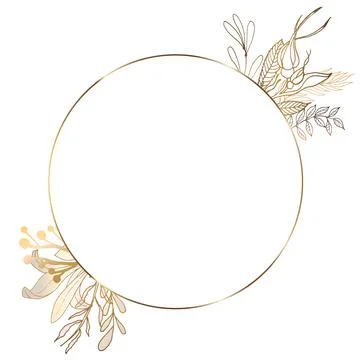Golden round frame with a composition of flowers and branches with leaves. Stock Illustration
