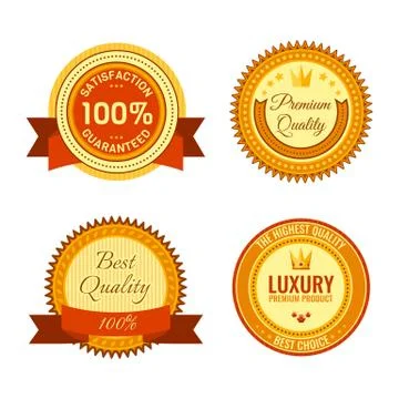 Golden round reward seals collection with inscriptions. Metal badges Stock Illustration