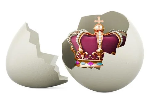 Golden royal crown inside broken chicken egg, 3D rendering Stock Illustration