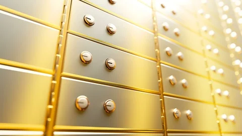 Golden safe deposit boxes in a bright bank vault room Stock Footage 106111484
