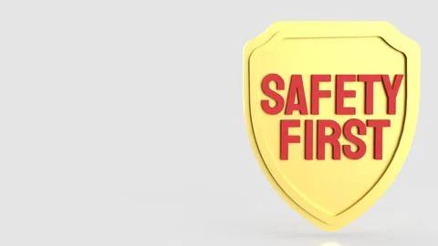 Golden Safety First Shield with Bold Red Text and Copy Space 3d render. Stock Illustration