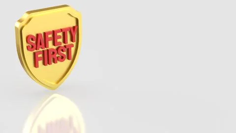Golden Safety First Shield with Bold Red Text and Copy Space 3d render. Stock Illustration